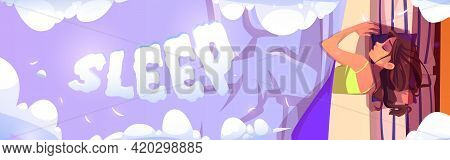 Young Woman Sleep Cartoon Banner, Girl Lying On Pillows In Bed At Night Top View, Dormant Female Cha