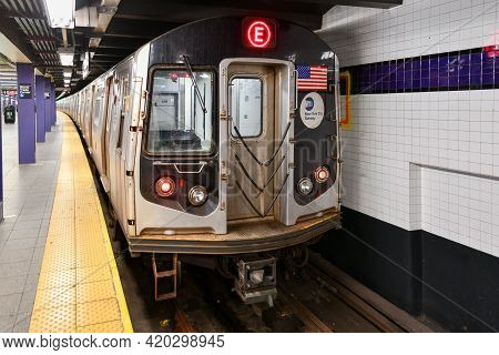 New York City - April 18, 2021: E Train At The World Trade Center Terminus Station.