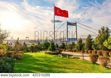 Turkish Flag Near The Second Bosphorus Bridge Or Fatih Sultan Mehmet Bridge, Istanbul