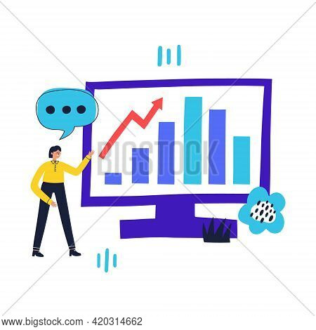 Man Showing Stock Growth On Computer. Business Analysis Concept. Hand Drawn Vector Flat Illustration