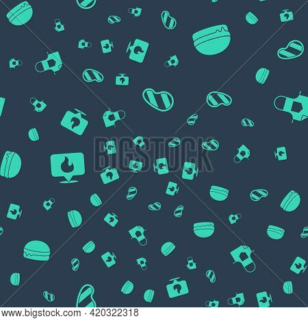 Set Steak Meat, Burger, Location With Fire Flame And Kitchen Apron On Seamless Pattern. Vector