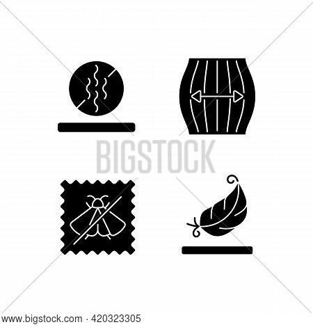 Textile Qualities Black Glyph Icons Set On White Space. Fabric Feature. Odor Resistant. Stretching F