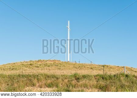 Three Crosses On A Hill Next To Road N1 At Trompsburg In The Free State Province