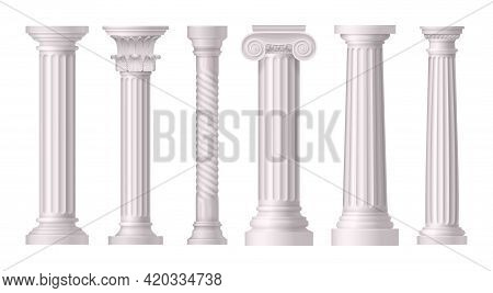 Antique White Columns Realistic Icon Set With Different Styles Of Greek Architecrure Vector Illustra