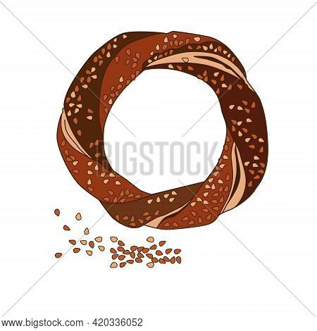Traditional Turkish Bagel Simit. Turkish Bagel With Sesame Seeds. Vector Illustration On A White Bac