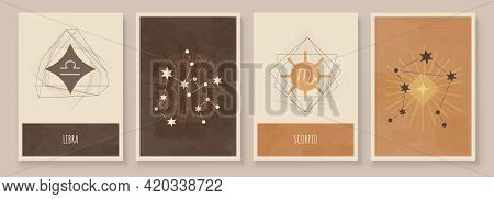 Abstract Art With Zodiac Celestial Sign And Constellation. Scorpio Or Scorpion, Libra Or Balance. Wa