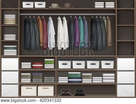 Vector Brown Cloakroom Closet With Shelves Full Of Boxes And Clothes Shirts, Boots, Shoes And Hats F