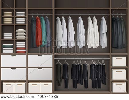 Vector Brown Cloakroom Closet With Shelves Full Of Boxes And Clothes Shirts,trousers Pants, Jackets 