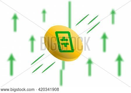 Theta Coin Up. Green Arrow Up With Gaussian Blur Effect Background. Theta Xtz Market Price Soaring. 