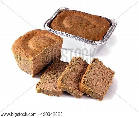 Baked Pate In One Piece And Cut Into Slices, Isolated On A White Background. Traditional Meat Produc