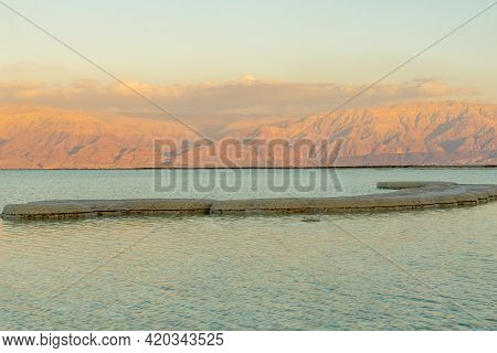 Sunset View Of Salt Formations In The Dead Sea, With The Edom Mountains In The Background. Southern 