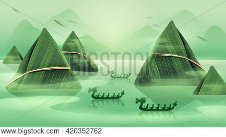 Dragon Boat Festival with rice dumpling mountain and dragon boat on oriental tranquil scene.