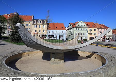 Wodzislaw Slaski, Poland - May 11, 2021: Main City Square (rynek) In Wodzislaw Slaski, Poland. Wodzi