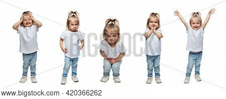 Cute Little Girl 2-3 Years Old In Jeans With Different Emotions. Full Height. Isolated On White Back