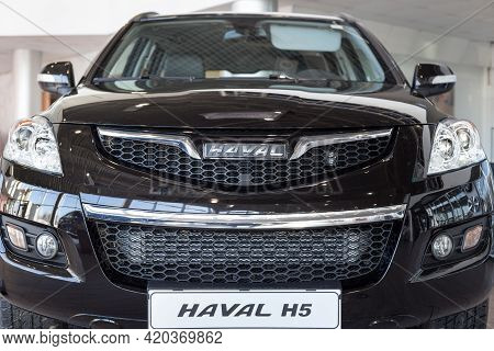 Russia, Izhevsk - February 17, 2021: Haval Showroom. New Modern Haval H5 Car In Dealer Showroom. Fro