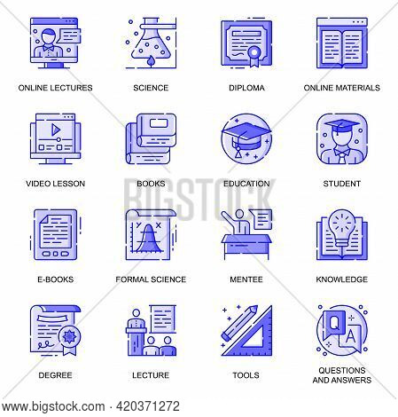 Education Web Flat Line Icons Set. Pack Outline Pictogram Of Online Lectures, Video Lessons, Univers