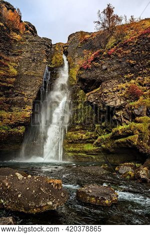 Gluggafoss Waterfall In Summer Season Also Called Merkjarfoss Near Thorsmork, Iceland