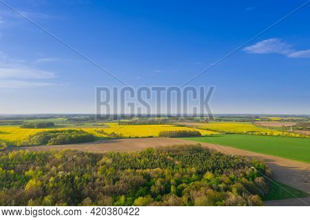 Spring In Arable Fields. Yellow-blooming Rapeseed.\na Vast Plain Covered With Arable Fields, In Plac