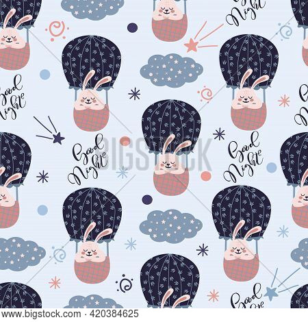 Seamless Pattern With Cute Bunny Ih Hot Air Balloon. Animal On The Starry Fantatic Sky. Vector Good 
