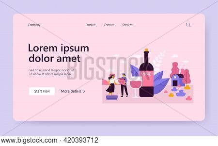 Happy Tiny Couple Producing Natural Wine Flat Vector Illustration. Cartoon Characters Growing Organi