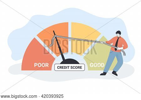 Businessman Pushing Performance Speedometer From Poor To Good. Tiny Character With Customer Satisfac