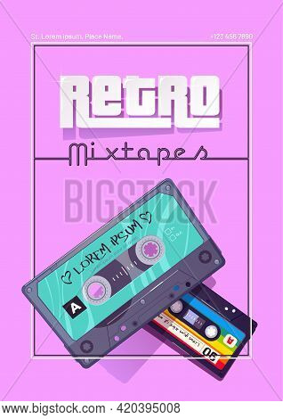 Retro Mixtapes Cartoon Poster With Audio Cassettes, Mix Tapes, Media Storage For Music And Sound On 