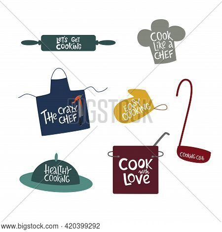 Cooking Lettering Sing Set With Kitchen Tools. Vector Stock Illustration Isolated On White Backgroun