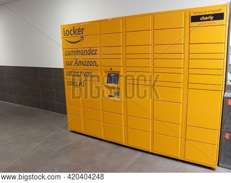 Bordeaux , Aquitaine France - 05 08 2021 : Amazon Locker Delivery Store Orange Self-service Delivery