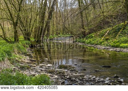 Idyllic Scenery At River Kupfer In Hohenlohe, An Area In Southern Germany At Early Spring Time