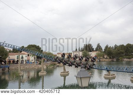 Salou, Spain, May 1, 2020 - Furious Baco Riders Over Water Surface On Port Aventura Amusement Park O