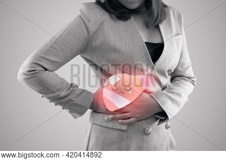 Illustration Sick Liver On Woman's Body Against Gray Background, Hepatitis, Concept With Healthcare 