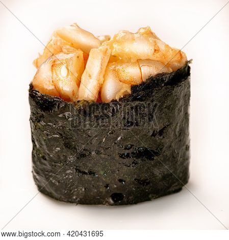 Shrinp Gunkan Seaweed Sushi Maki On White Background. Delicacy Gourmet Snacks.