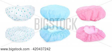 Set With Waterproof Shower Caps On White Background. Banner Design