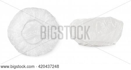 Waterproof Shower Caps On White Background, Collage. Banner Design
