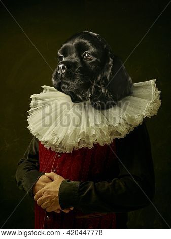 Model Like Medieval Royalty Person In Vintage Clothing Headed By Dog Head On Dark Vintage Background