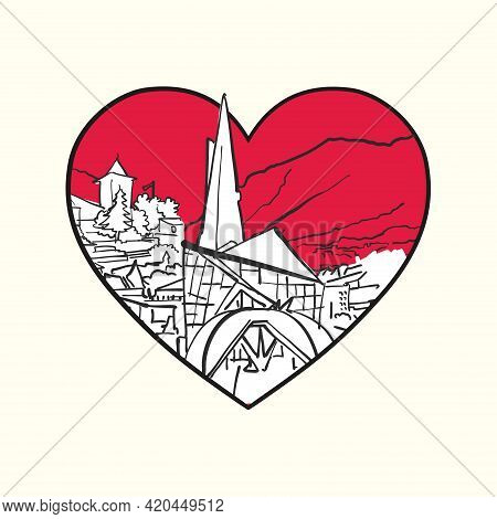 I Love Andorra La Vella. Red Heart And Famous Buildings, Andorra Composition. Hand-drawn Black And W