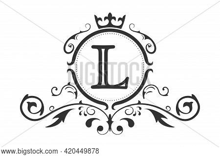 Stylized Letter L Of The Latin Alphabet. Monogram Template With Ornament And Crown For Design Of Ial