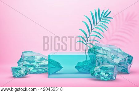 Сomposition Of Blue Glass Stones On Pink Background. 3d Rendering