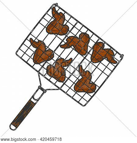 Barbecue Grid, Fried Chicken Wings. Sketch Scratch Board Imitation Color.