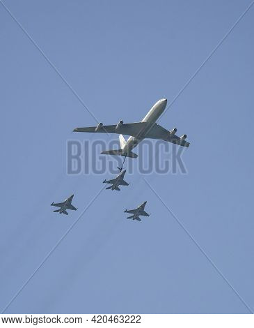 Tel Aviv, Israel - April 15th, 2021: A Boeing 707 Refueling Airplane, Refueling An F-16 Fighter, On 