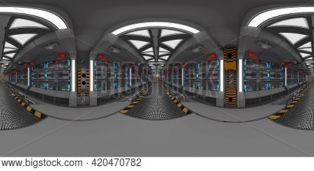 3d Illustration Of A Spherical 360 Panorama Of A Futuristic Spaceship Corridor Or Space Station, Wit