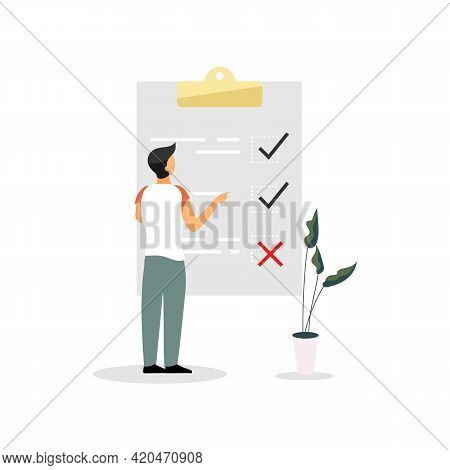 Man, Entrepreneur At Checklist Flat Vector Illustration. To Do List, Tasklist Isolated Cartoon Chara