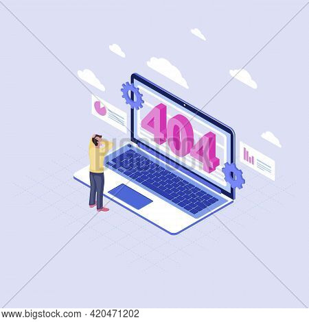 User Shocked At 404 Problem Isometric Illustration. Man Watching Page Not Found Message On Laptop Di