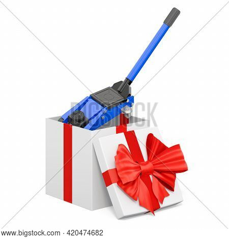 Hydraulic Floor Jack Inside Gift Box, Present Concept. 3d Rendering Isolated On White Background
