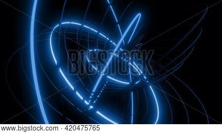 3d Render. Abstract Geometric Bg With Rings Form Complex Twisted Spiral And Light Effects. Rings Fla