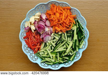 A Flatlay Picture Of Ingredient And Vegetable To. Acar Is A Type Of Vegetable Pickle Of Maritime Sou