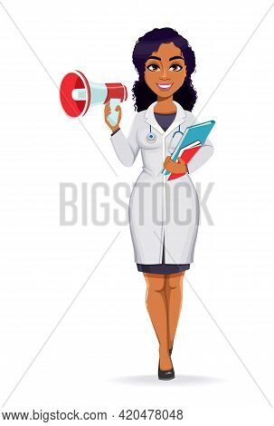 Medicine And Pandemic Concept. African American Female Doctor Wearing White Coat With Stethoscope. A