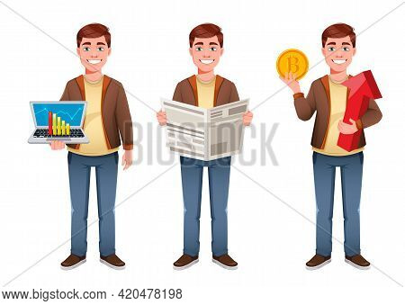 Handsome Business Man Cartoon Character, Set Of Three Poses. Young Businessman. Stock Vector Illustr