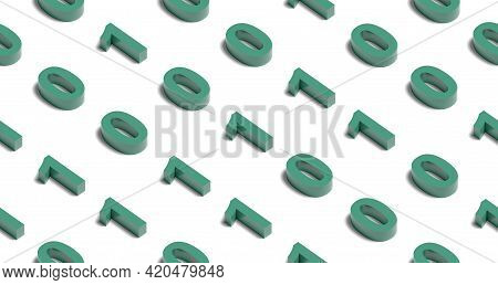 Isometric Seamless Pattern. Green Binary Numbers Background. 3d Illustration.