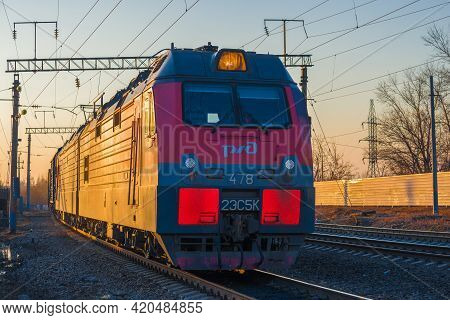 Sharya, Russia - April 11, 2021: Russian Electric Locomotive 2es5k 